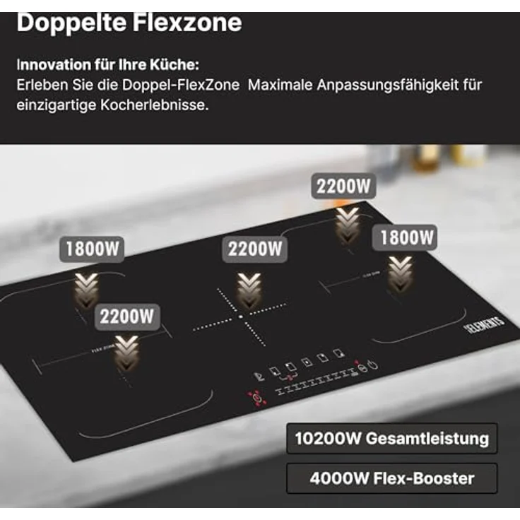 KB-ELEMENTS Induktionskochfeld 5 Platten - Induktionskochfeld 90cm, Autarkes Induktionskochfeld, 10200 Watt, Rahmenlos, Touch-Bedienung,99Min Timer, Kindersicherung, Aut. Abschaltung – Bild 3
