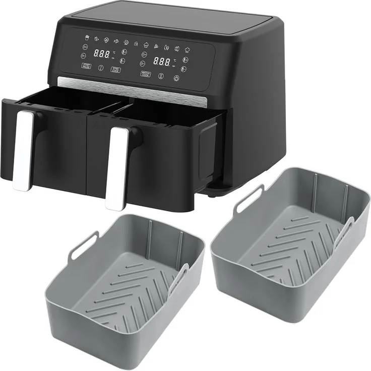 Casativo Premium Dual-Zone Heissluftfritteuse, Doppelkorb 2x 4,5 l, 11 Kochprogramme, 2400W, LED Touch Display, schwarz, inkl. Silikonformen