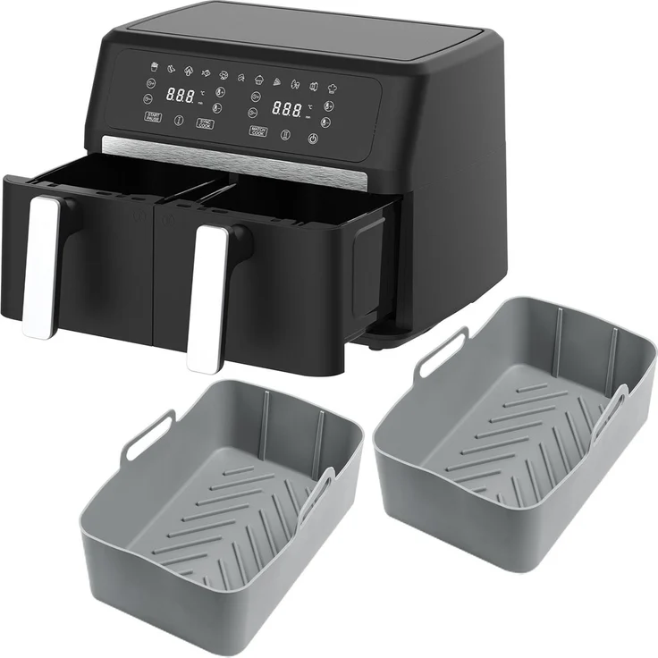 Casativo Premium Dual-Zone Heissluftfritteuse, Doppelkorb 2x 4,5 l, 11 Kochprogramme, 2400W, LED Touch Display, schwarz, inkl. Silikonformen