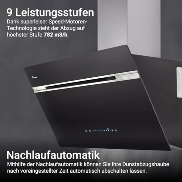 KKT KOLBE AURORA9005SE, Dunstabzugshaube 90 cm, A+++ Energieeffizienz, 782 cbm/h, Umluft/Abluft, kopffrei, Schwarz Silber Edelstahl, Nachlaufautomatik, Smart WiFi App, SensorTouch, RGBW LED – Bild 5