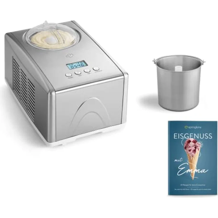 Springlane Eismaschine mit Kompressor Emma, inkl. Rezeptheft, 1,5 l, 150 W, Silber + Zusatzbehälter Edelstahl – Bild 2