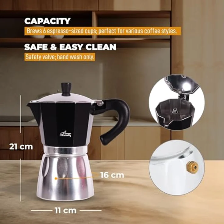 ANY MORNING Mokkamaschine Any Morning Herdkanne Espresso Aluminium Moka Kanne, Schwarz 240 ml – Bild 8