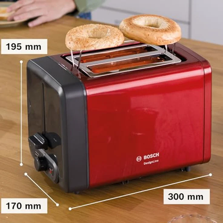 Bosch TAT4P424DE DesignLine Kompakt-Toaster, Auftau-Aufwärmfunktion, versenkbarer Brötchenaufsatz, Abschaltautomatik, 970 W, rot – Bild 4