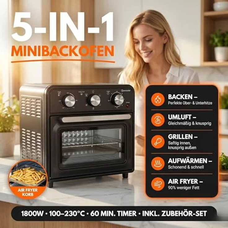 Sommertal Minibackofen 20 Liter, Tischbackofen mit Umluft & Heißluftfritteuse, 1800W, 100–230°C, 60 Min. Timer, inkl. Zubehör – Bild 2