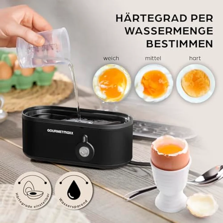 GOURMETmaxx Eierkocher für 3 Eier, kompakt mit Eierstecher und 3 Härtegraden, Schwarz – spülmaschinenfeste Teile – Bild 3