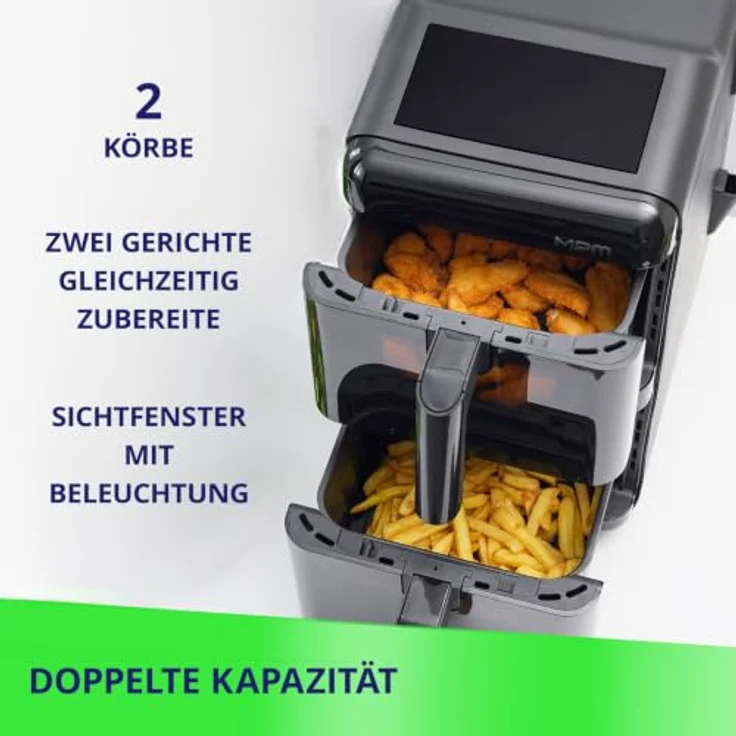 MPM MFR-13, Große Heißluftfritteuse mit 12 Litern, Doppelkammer, 3000W, Sync & Dual-Cook Funktion, Schüttel-Erinnerung – Bild 2