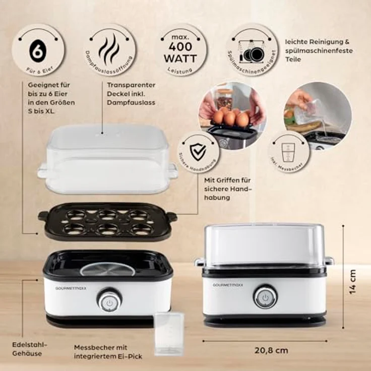 GOURMETmaxx Eierkocher für 6 Eier, Egg Boiler mit Eierstecher und 3 Härtegraden, Design Eierkocher Weiß - spülmaschinenfeste Teile – Bild 4
