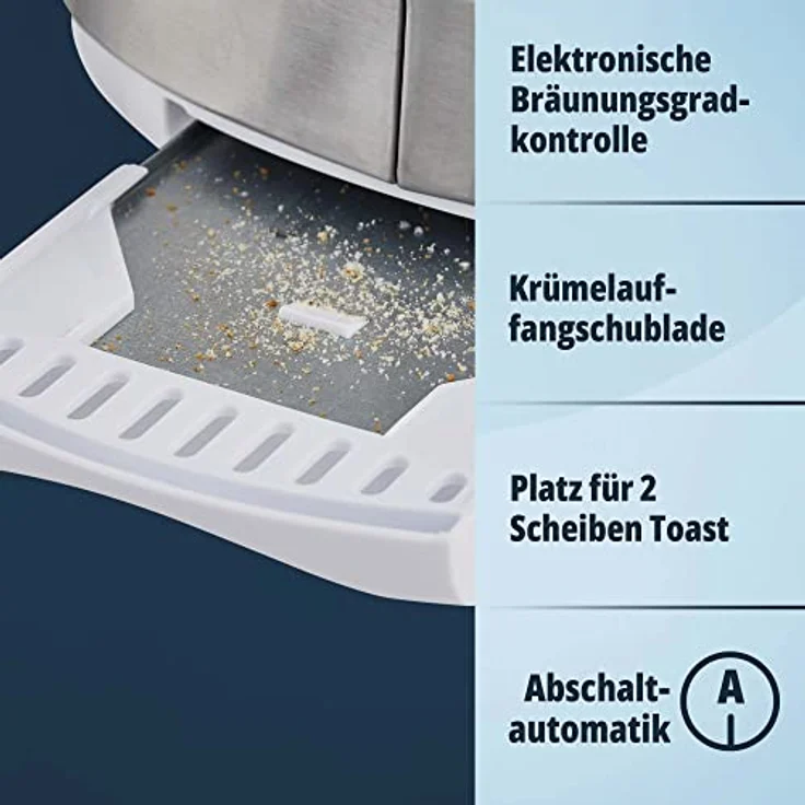 KHG Toaster Weiß, Edelstahl, 2 Scheiben, 7 stufenlose Bräunungsstufen, Auftau- und Aufwärmfunktion, Krümelschublade, 850 W – Bild 4