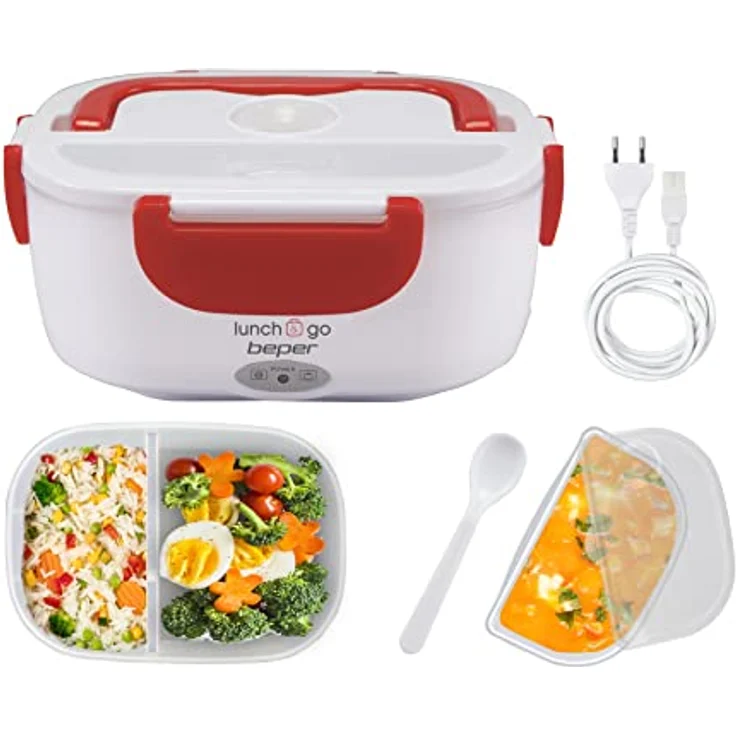 Beper Lunch & Go - Wärmende Lunchbox, tragbarer elektrischer Speisenwärmer, 2 herausnehmbare Behälter, Stahlheizplatte, mitgeliefertes Plastikbesteck, 220 V - Rot – Bild 2