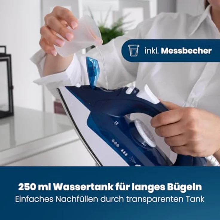 Clatronic DB 3704 Dampfbügeleisen mit 7 Funktionen, Edelstahlspezialsohle, stufenlose Temperaturregulierung, zuschaltbare Selbstreinigungsfunktion, Weiß-Blau – Bild 4