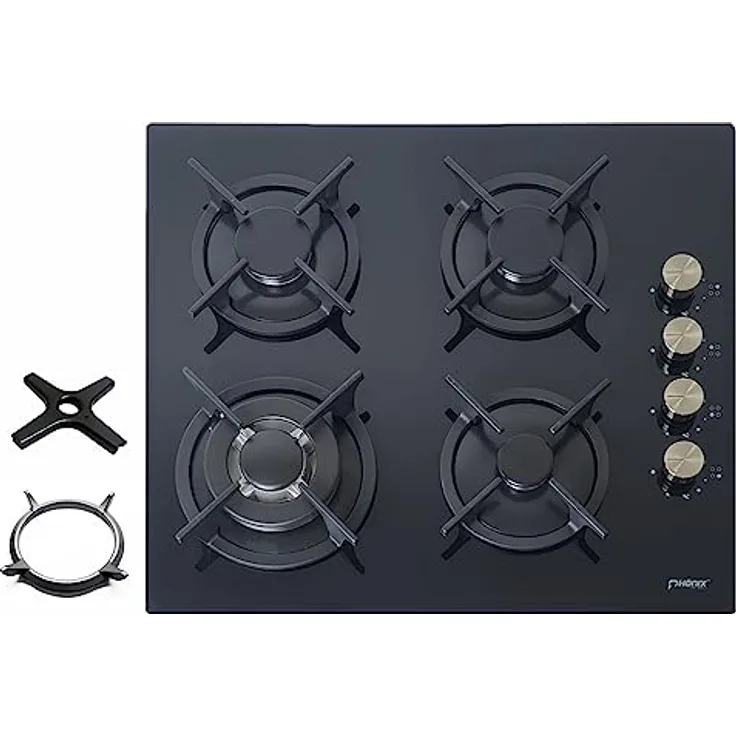 Phönix PG-604ST Gaskochfeld 4 flammig Glas Gaskocher Einbauherd + WOK-Aufsatz + Herdkreuz