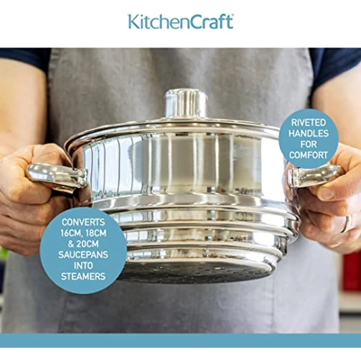 KitchenCraft Universaleinsatz Dampfgarer mit Deckel, Universal Dämpfer mit Glasdeckel, Passt auf fast jede Pfanne und Kochtopf, Silber Edelstahl, Durchmesser 16, 18 und 20 cm, – Bild 4