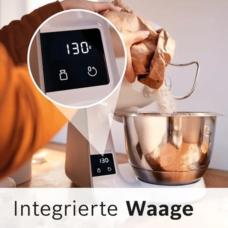 BOSCH Küchenmaschine Serie 4 MUM5XL74, 1000 W, integrierte Waage, 9,4 l Edelstahlschüssel, Mixer, Weiß, mit Fleischwolf und Würfelschneider – Bild 4