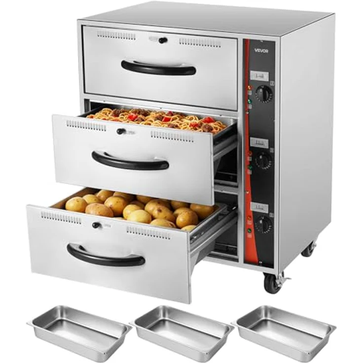 VEVOR DW3, kommerzieller elektrischer Schubladenwärmer mit 3 Schubladen, Edelstahl, Temperaturbereich 30–85 °C, für Restaurants und Bäckereien – Bild 1