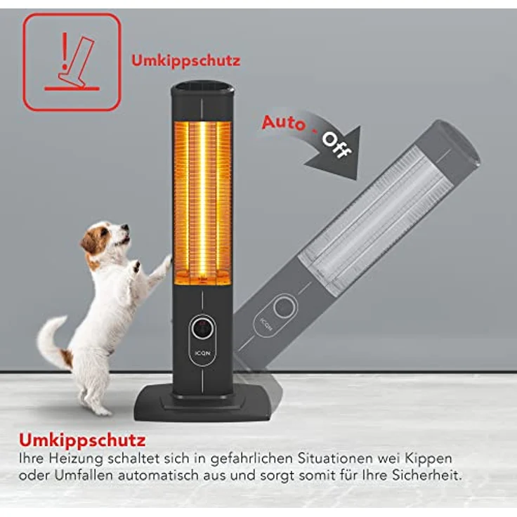 ICQN 2300 W Stand Heizstrahler mit Wasserdicht Schutzhülle, 4 Heizstufen mit Fernbedienung, Kohlenstoff Infrarotstrahler für Innen- & Außenbereich, Terrassenstrahler, Aluminium, Balkon – Bild 4