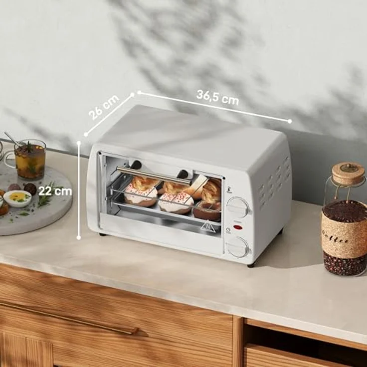 HOMCOM Mini Backofen 10 Liter 750W Kleiner Elektrobackofen mit Temperatur bis zu 230 ℃ Timer 60 Minuten Backblech und Rost 36,5x26x22 cm Cremeweiß – Bild 5