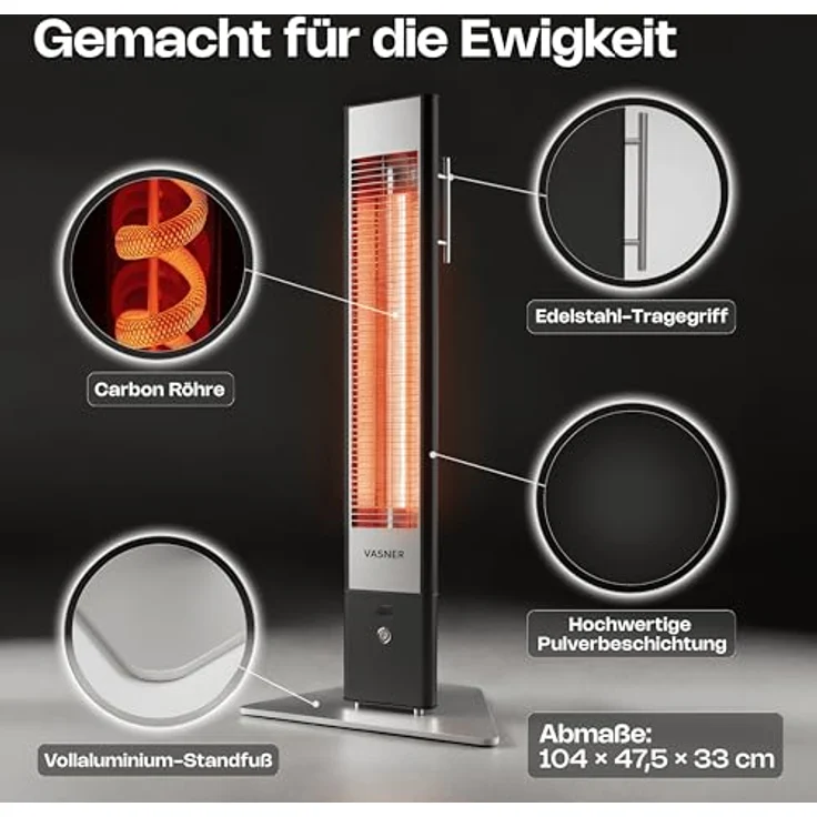 Vasner HeatTower Stand-Heizstrahler 2500 Carbon Schwarz, Heizstrahler – Bild 6
