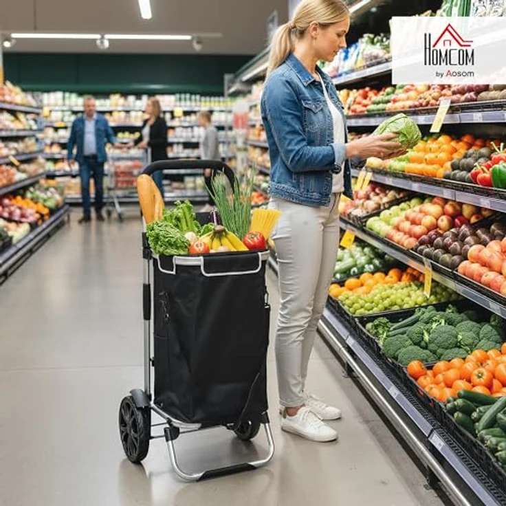 HOMCOM 3-in-1 Einkaufstrolley, klappbar mit 40L Kapazität, bis 25kg belastbar, mit Kühlfach, Treppensteiger, schwarz – Bild 2