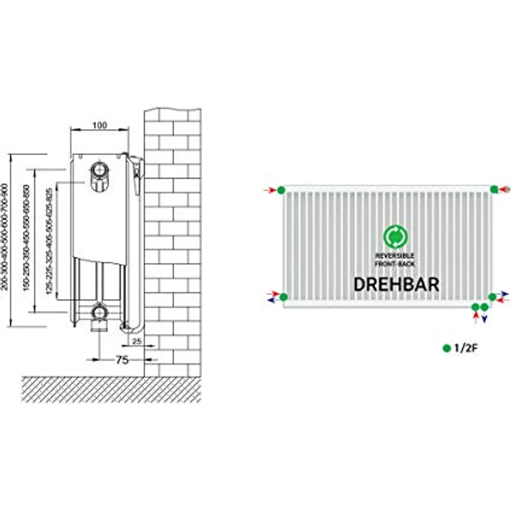 Belrad Universalheizkörper Kompakt Ventilheizkörper 6 Anschlüsse T22 600x900-1559W, Heizgerät in Weiß – Bild 5