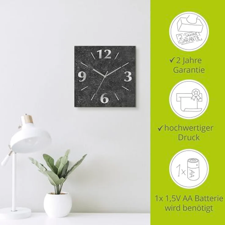 ARTLAND Wanduhr ohne Tickgeräusche Alu Quarzuhr 30x30 cm Quadratisch Lautlos analoge Quarzuhr, 4 Ziffern 30x30 cm Granitoptik Gesteinoptik Anthrazit J4XM – Bild 3