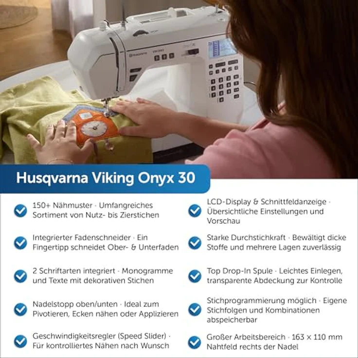Husqvarna Viking Onyx 30, Nähmaschine mit über 150 Stichen, integriertem Fadenschneider und zwei Nähschriften – Bild 3
