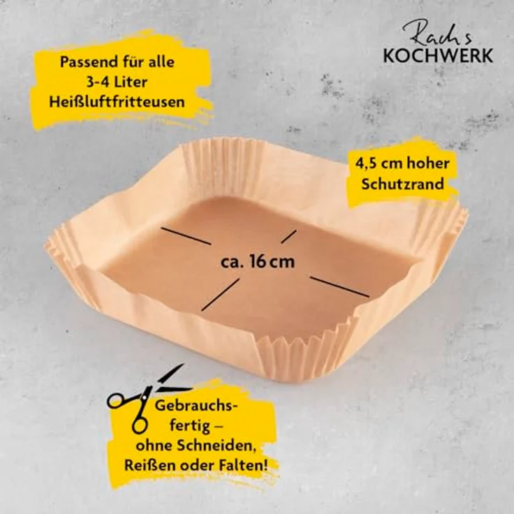 KOCHWERK Backpapier-Schalen für Heißluft-Fritteusen | 4,5 cm hoher Rand, antihaftbeschichtet, hitzebeständig bis 220°C, 100er-Set – Bild 2
