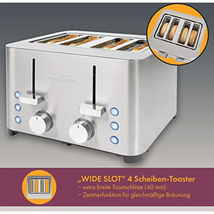 ProfiCook Toaster, Toaster 4 Scheiben, mit 2 getrennten Bedienelementen, Auftau-, Aufwärm-/ Schnellstoppfunktion, Toaster mit Brötchenaufsatz, Toaster Edelstahl, PC-TA 1252 – Bild 2