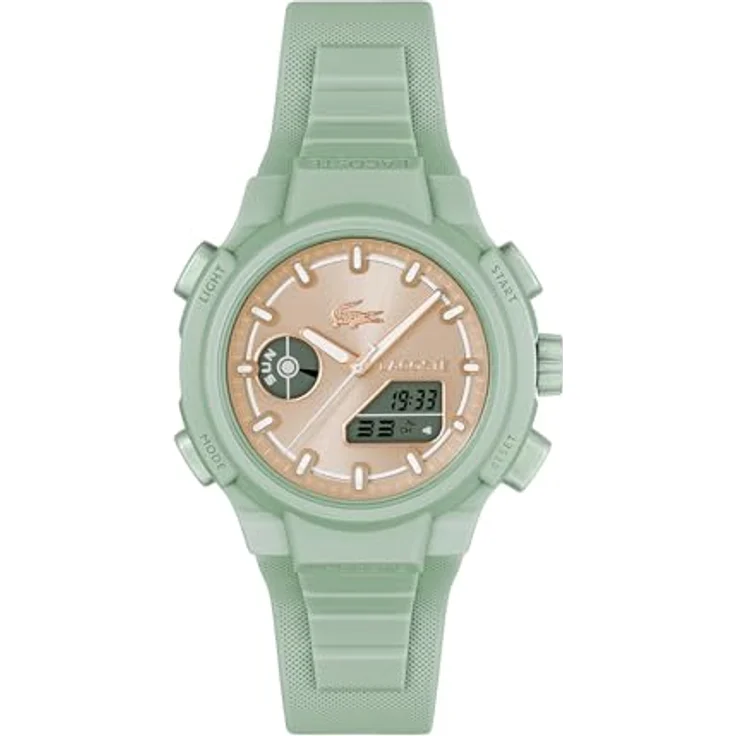 Lacoste LC33 Analoge-Digitale Multifunktions-Quarzuhr für Damen mit grünem Silikonarmband, 40 mm TR90-Gehäuse, wasserdicht bis 10 ATM, Zifferblatt in Roségold – Bild 1