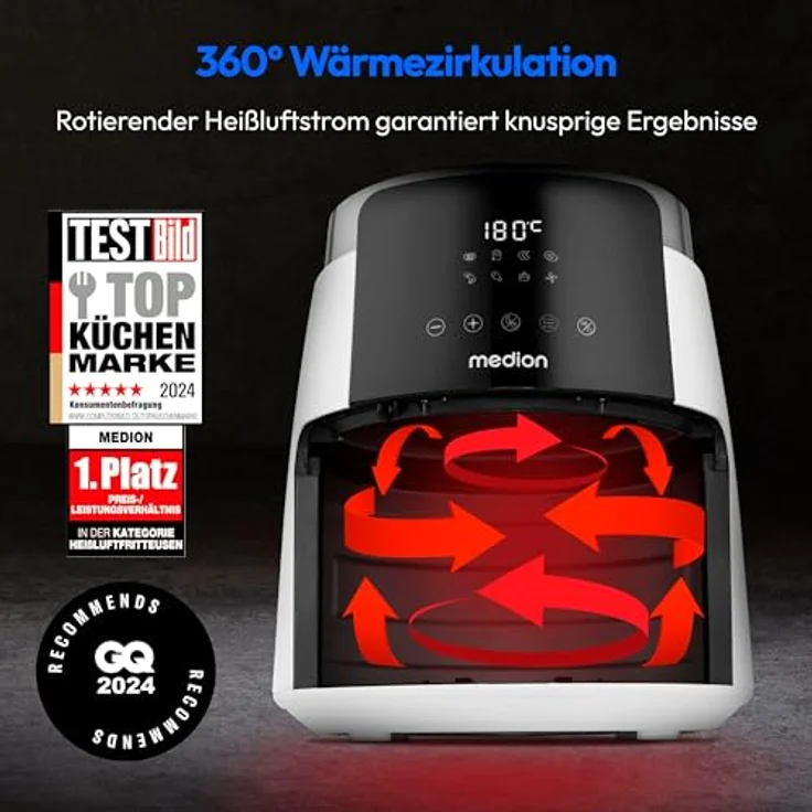 Medion® Heißluftfritteuse P40 L MD 13030, 1500 W, 100 Rezepte in der Life+ App, 4,7 Liter Fassungsvermögen, weiß – Bild 3