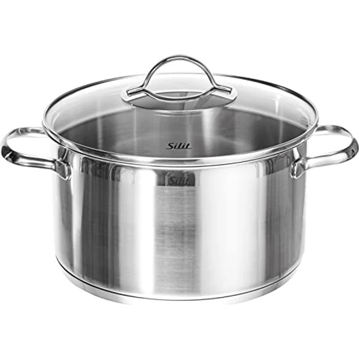 Silit Achat Kochtopf groß 24cm, Glasdeckel, Fleischtopf Induktion 5,6l, Edelstahl teilmattiert, unbeschichtet, backofengeeignet – Bild 1