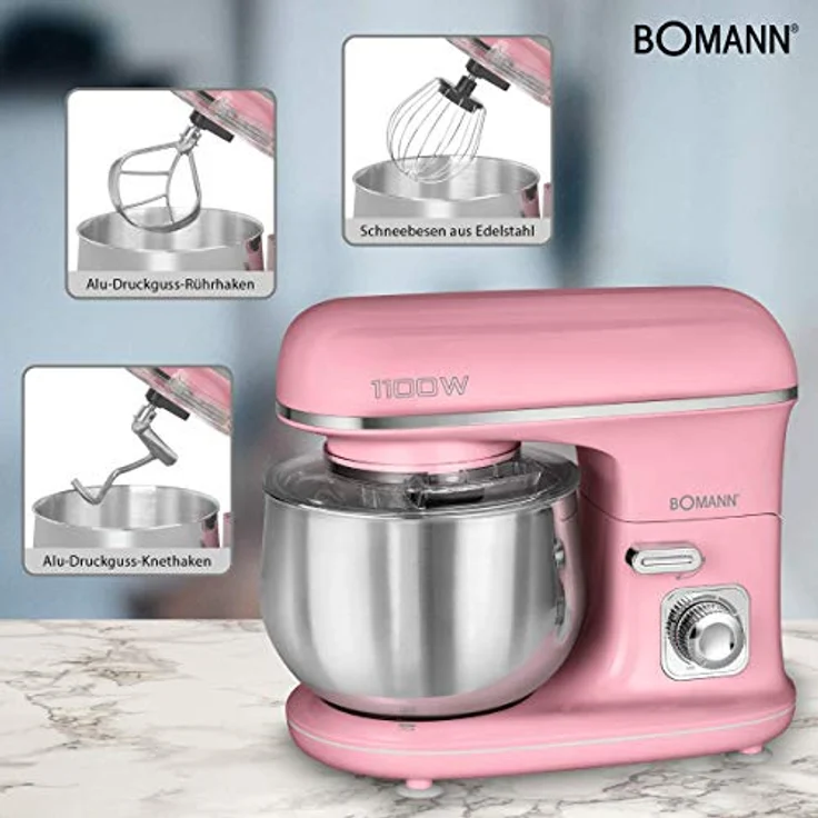 Bomann KM 6030 CB Knetmaschine inkl. transparentem Spritzschutzdeckel mit Nachfüllöffnung, 1100 Watt, 5 Liter, schwenkbarer Multifunktionsarm, pink – Bild 2