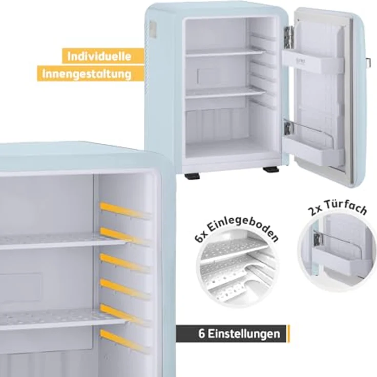 TZS First Austria Retro Mini Kühlschrank 40L, lautlos, Vintage-Design mit Innenbeleuchtung und 2 Türfächern, hellblau – Bild 4