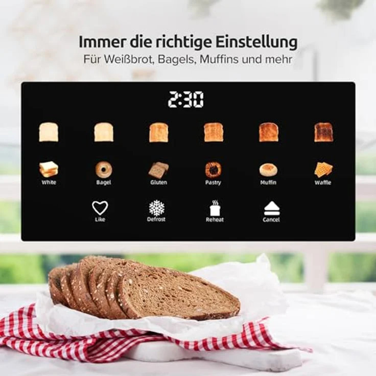 Olvy Premium Toaster mit LCD-Display, Timer & 6 Programmen – Extra breite Schlitze für Bagels – Schwarz – 1500W – Bild 5