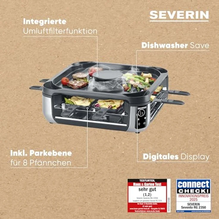 Severin RG 2350 Raclette für 8 Personen mit Downdraft-Technologie, ILAG-Grillplatte, LED-Display & spülmaschinengeeigneten Pfännchen – Bild 2