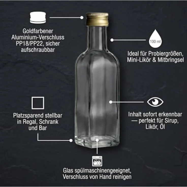 gouveo Trinkflasche Glasflaschen 100 ml Maraska mit Schraub-Deckel - Kleine Flasche 0,1l, 24er Set, transparent-goldfarben – Bild 4