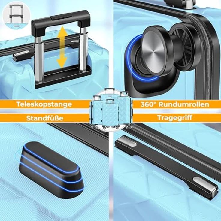 KESSER® Reisekoffer Set 4-teilig, ABS Hartschalenkoffer mit Zahlenschloss, Kofferwaage & Reisebrieftasche, 360° Rollen, Handgepäck & große Koffer, Sky Blue – Bild 5