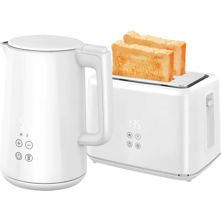 Autolock Wasserkocher Toaster Set, 1,5L Wasserkocher und 2-Scheiben Toaster, 2200W, Weiß, mit Temperaturisolierung und Sicherheitsfunktionen