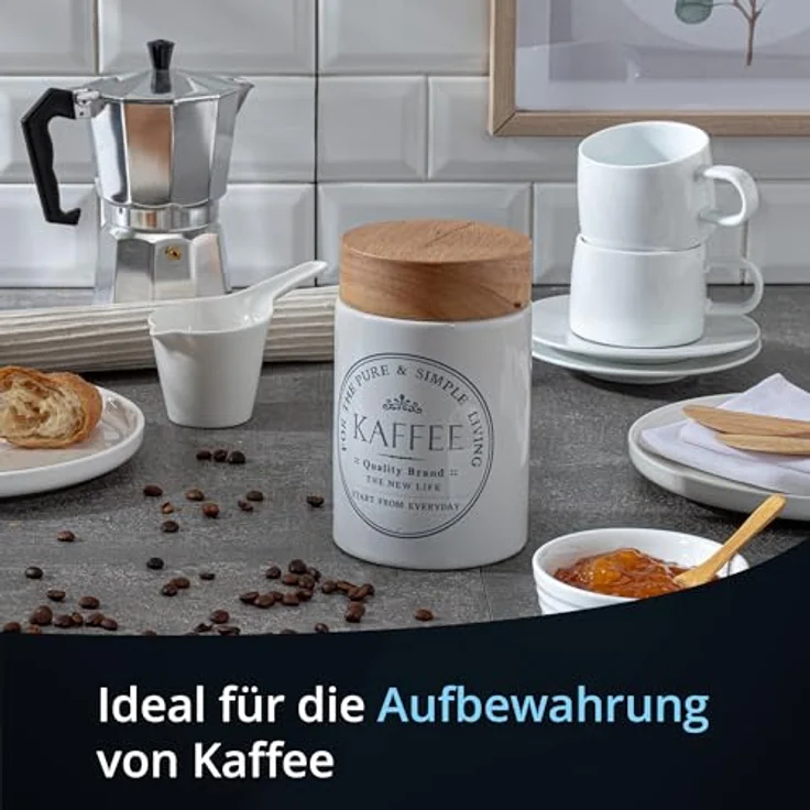 KHG Kaffeedose luftdicht, Vorratsdose für 250g Kaffeebohnen / 300-400g Kaffeepulver, Keramik Weiß mit Holzdeckel, glänzend glasiert, rund, beschriftet – Bild 2