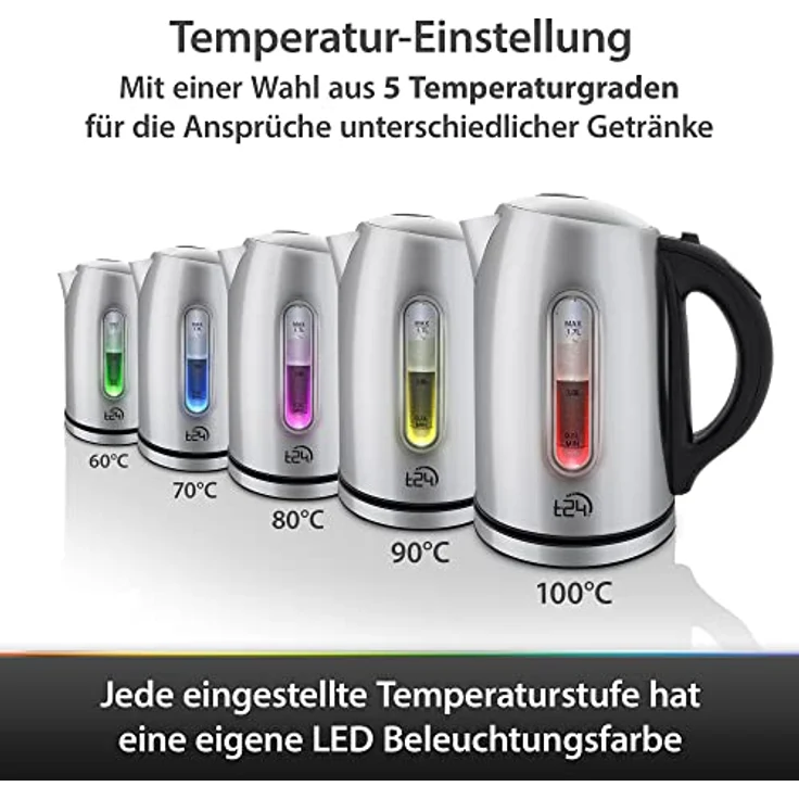 T24 Wasserkocher 2200W, Edelstahl, 1,7L, LED, 60 - 100 °C, Warmhaltefunktion, edelstahl - Preisvergleich – Bild 3