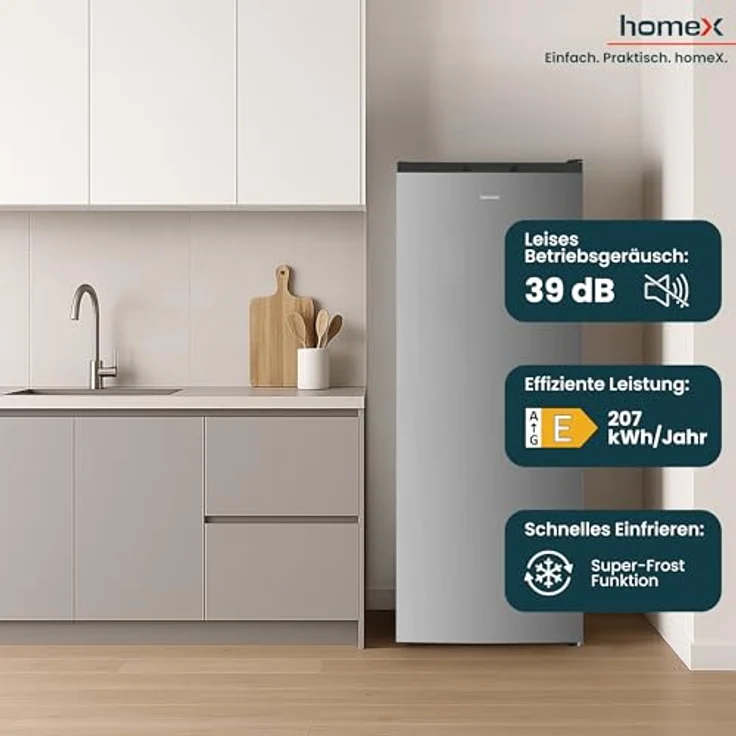 homeX FSN1611E-S Gefrierschrank No Frost, 161L Nutzinhalt, 4-Sterne Gefrierleistung, Super-Frost-Funktion, silber – Bild 5