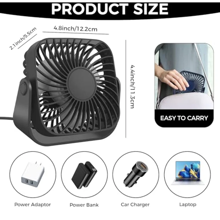 Jsdoin USB-Ventilator, 360° drehbarer Schreibtisch-Lüfter mit 3 Geschwindigkeiten, leise, tiefschwarz – Bild 2
