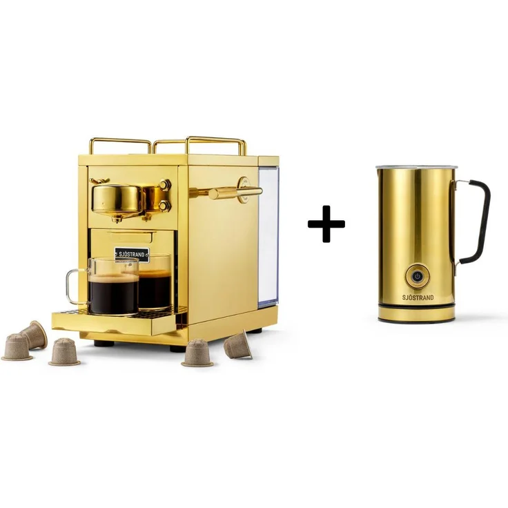 Sjöstrand Original 2, Kapsel-Kaffeemaschine mit Milchaufschäumer, 19-Bar-Drucksystem, Edelstahl, Farbe: Gold