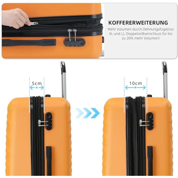 BEIBYE Trolley Koffer Kofferset Hartschale mit 4 Zwillingsrollen, integriertes Sicherheits-Zahlenschloss, orange, Handgepäck (M 55x34x22cm) und erweiterbar (XL und L) – Bild 2