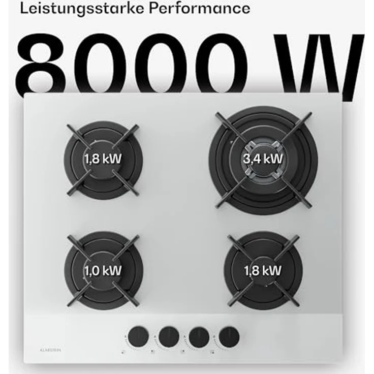 Klarstein Velaire Gaskochfeld 4-Brenner, 8000W, 60cm, Flüssiggas & Erdgas, elektrische Zündung, Flammenausfallschutz, inkl. Umrüstsatz & Schlauchset, Weiß – Bild 3