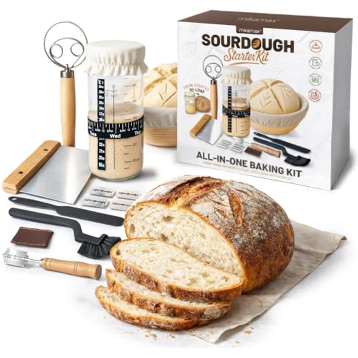MikaMax Sauerteig Starter Set 10-teilig, Gärkorb Brot Set rund mit Teigbesen und Einschneideklinge, Einsteiger Set für Anfänger & Hobbybäcker – Bild 1