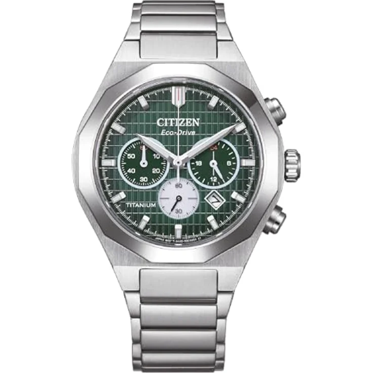 Citizen CA4691-59X Zenshin Senkei Eco-Drive Solar Chronograph, silberfarbenes Super-Titanium Gehäuse, grünes Zifferblatt, Gliederband, 10 ATM wassergeschützt – Bild 1