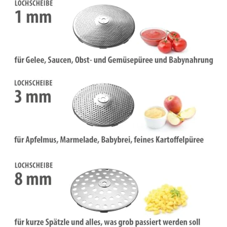 GEFU Passiergerät FLOTTE LOTTE® mit 3 Lochscheiben 1/3/8 mm, Edelstahl, für Gemüse, Früchte, Marmelade & Babynahrung, mit Abstreiffunktion und 2 Litern Volumen – Bild 5