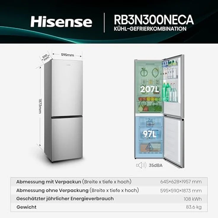 Hisense RB3N300NECA, Kühl-Gefrierkombination mit 304 l, NoFrost, Edelstahl, Energieeffizienz A, 35 dB – Bild 2