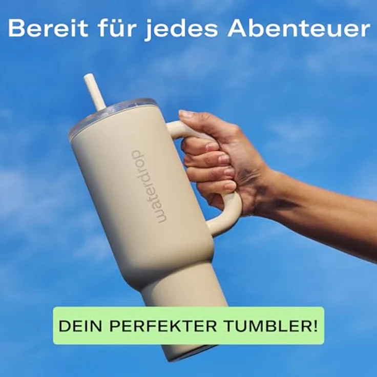 waterdrop® Thermobecher mit Strohhalm 1,1L, Auslaufsichere isolierte Edelstahlflasche, Hält 12h kalt, Klappbares Mundstück, Robustes Design – Bild 2