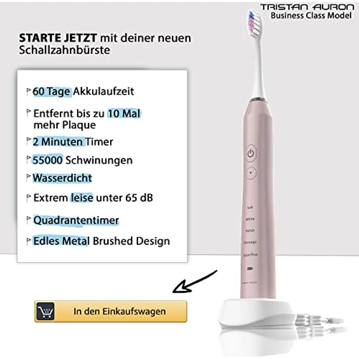 Tristan Auron Business Class Schallzahnbürste mit 55.000 Schwingungen (Schwarz/Pink) - 5 Putzmodi 60 Tage Akku elektrische Zahnbürste – Bild 2